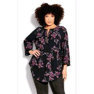 Avenue Blouse Women's Size 14 Blue Floral Pleat Zip Roll Tab Sleeves Comfort